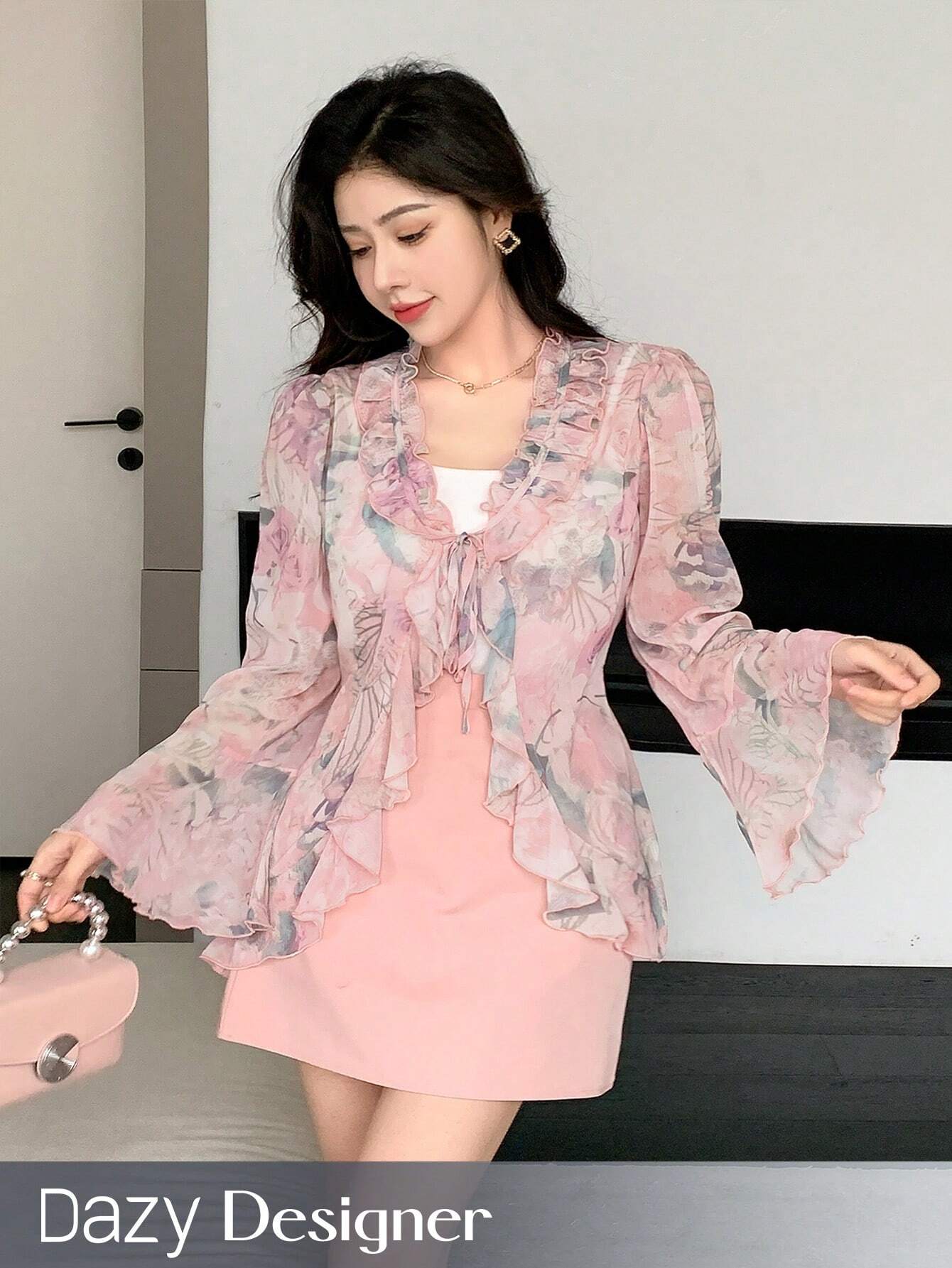  | SHEIN Dazy Designer Women Romantic Floral Printed Long Sleeve Shirt With Ruffled Decor And Delicate Design For Spring And Summer | Top | Shein | OneHub