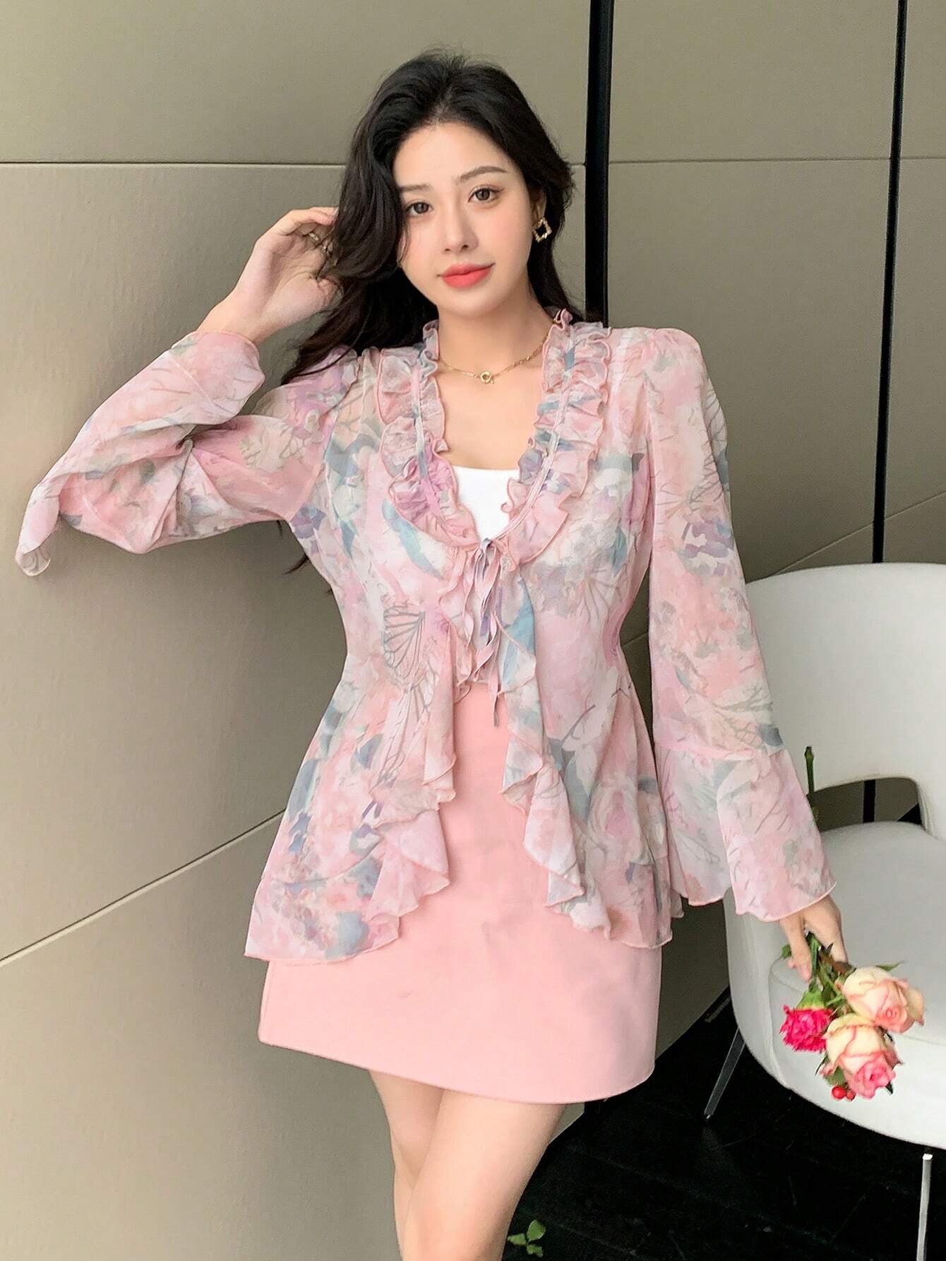  | SHEIN Dazy Designer Women Romantic Floral Printed Long Sleeve Shirt With Ruffled Decor And Delicate Design For Spring And Summer | Top | Shein | OneHub