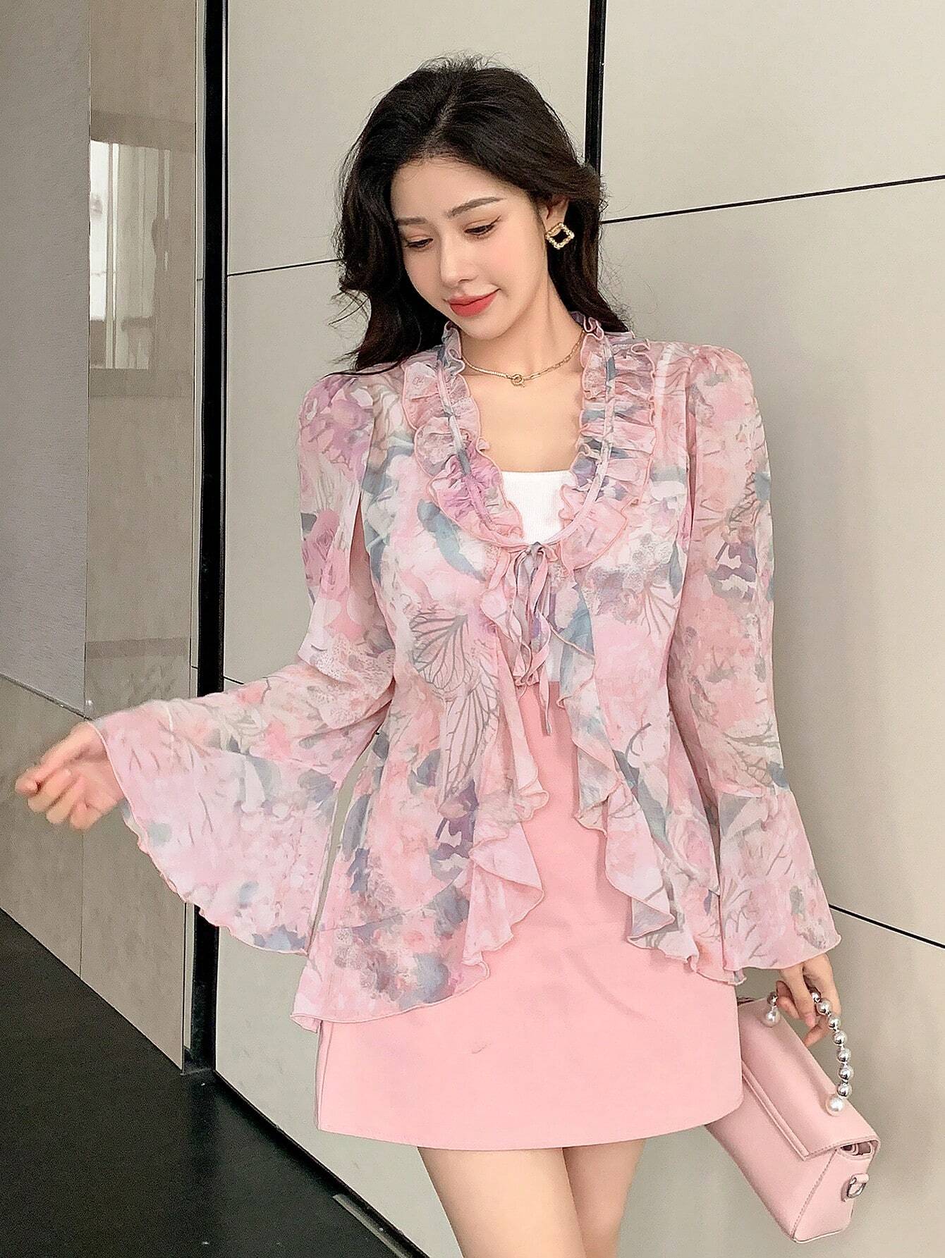  | SHEIN Dazy Designer Women Romantic Floral Printed Long Sleeve Shirt With Ruffled Decor And Delicate Design For Spring And Summer | Top | Shein | OneHub