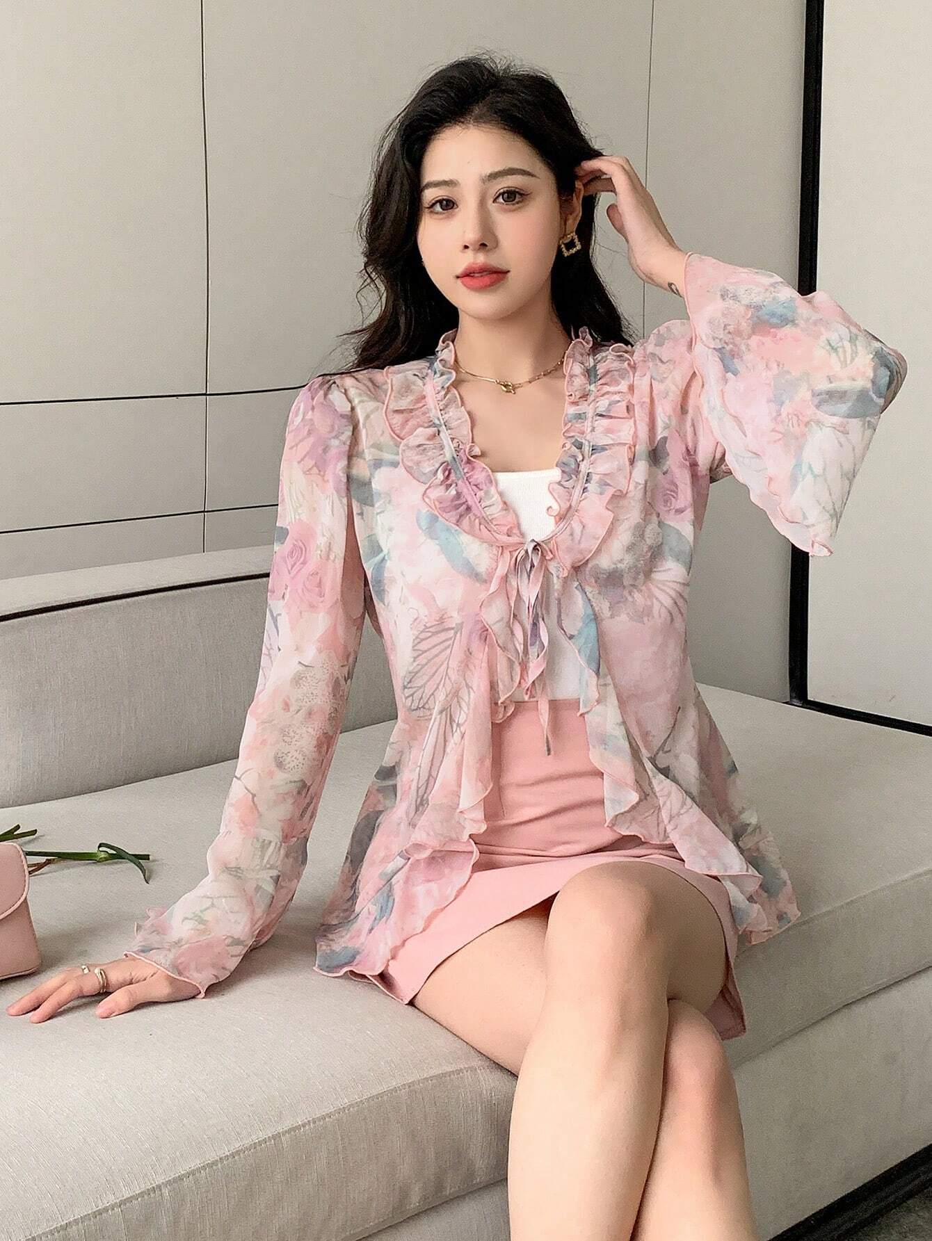  | SHEIN Dazy Designer Women Romantic Floral Printed Long Sleeve Shirt With Ruffled Decor And Delicate Design For Spring And Summer | Top | Shein | OneHub