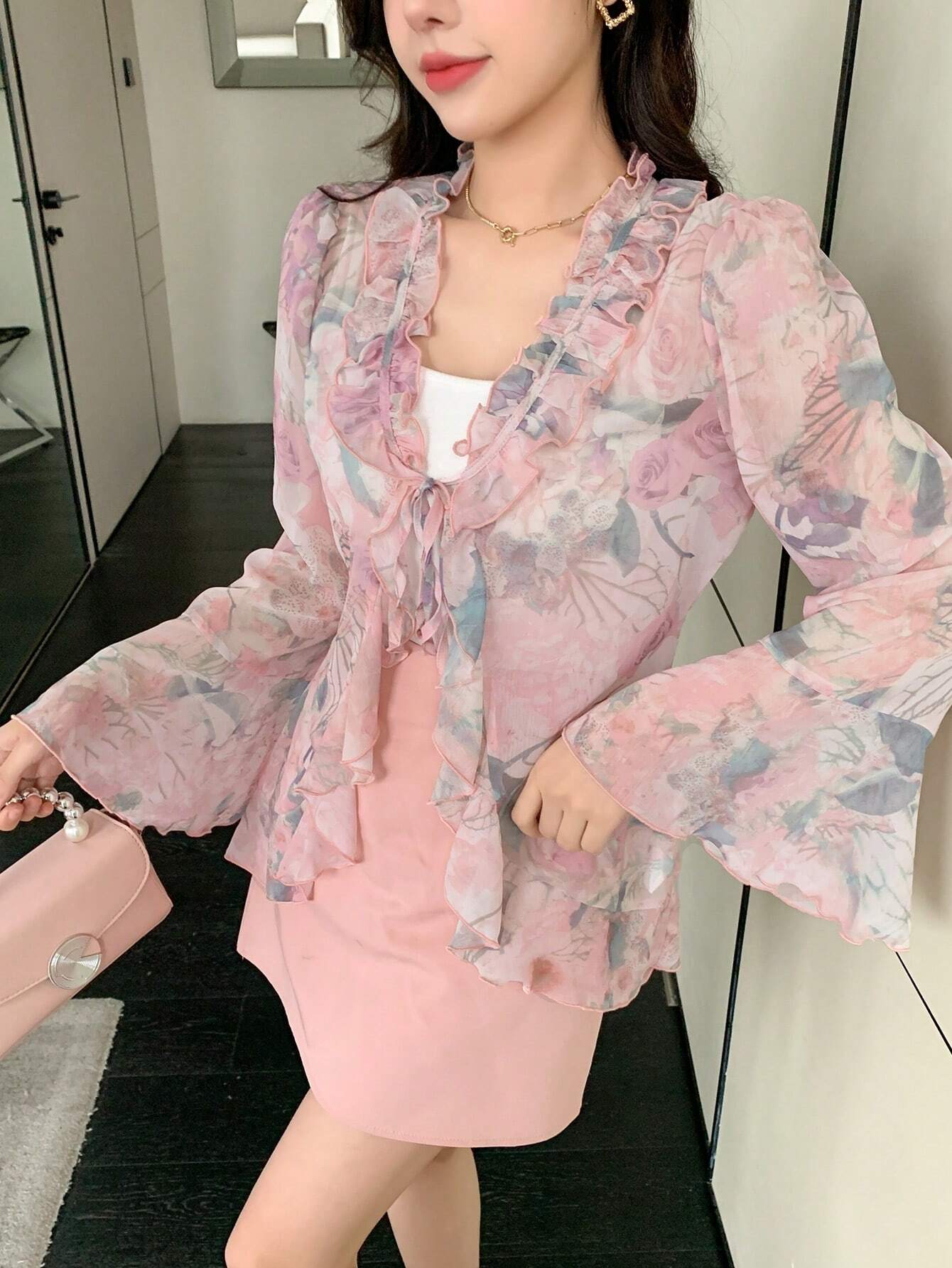  | SHEIN Dazy Designer Women Romantic Floral Printed Long Sleeve Shirt With Ruffled Decor And Delicate Design For Spring And Summer | Top | Shein | OneHub