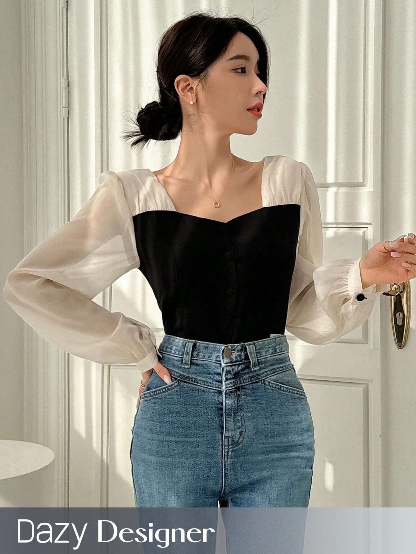  | SHEIN Dazy Designer Women's Color-Blocked Patchwork Long Sleeve Shirt | T-shirt | Shein | OneHub