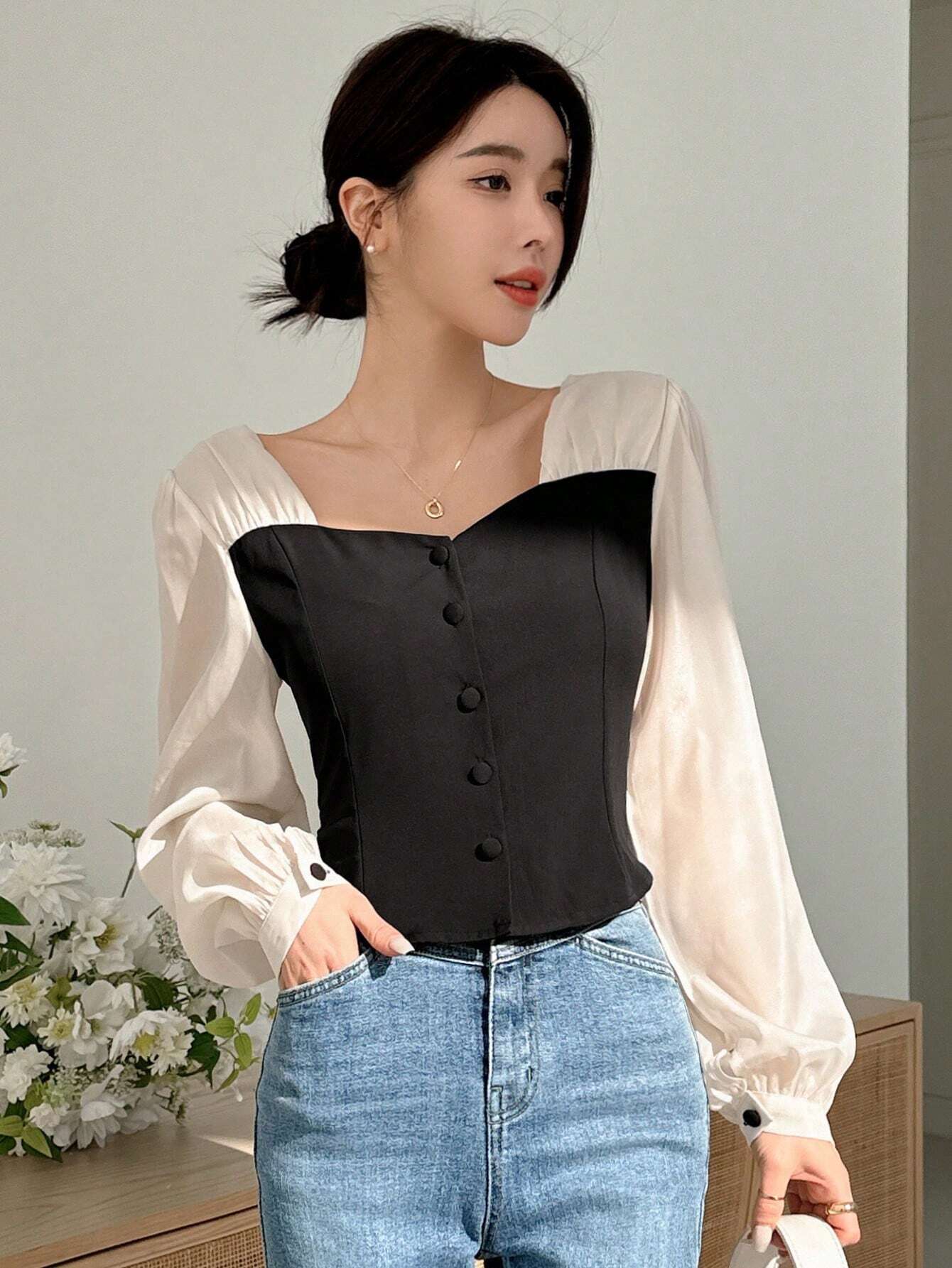  | SHEIN Dazy Designer Women's Color-Blocked Patchwork Long Sleeve Shirt | T-shirt | Shein | OneHub