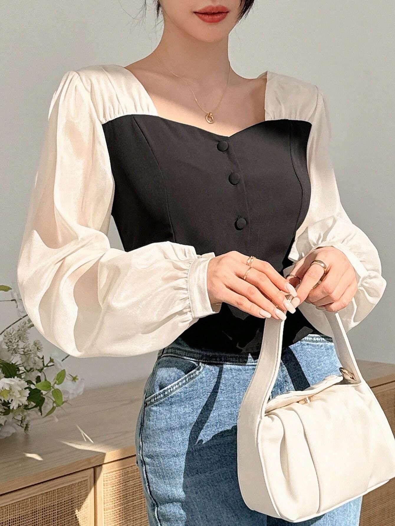  | SHEIN Dazy Designer Women's Color-Blocked Patchwork Long Sleeve Shirt | T-shirt | Shein | OneHub