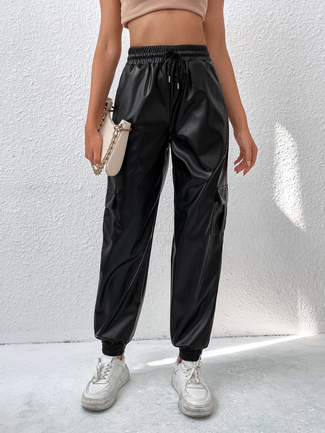  | SHEIN Drawstring Waist Flap Pocket Side PU Pants | Pants | Shein | OneHub