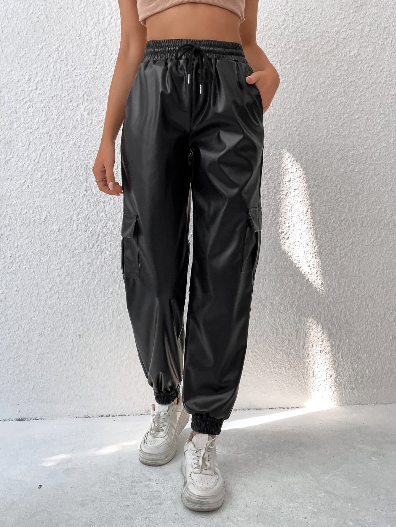  | SHEIN Drawstring Waist Flap Pocket Side PU Pants | Pants | Shein | OneHub