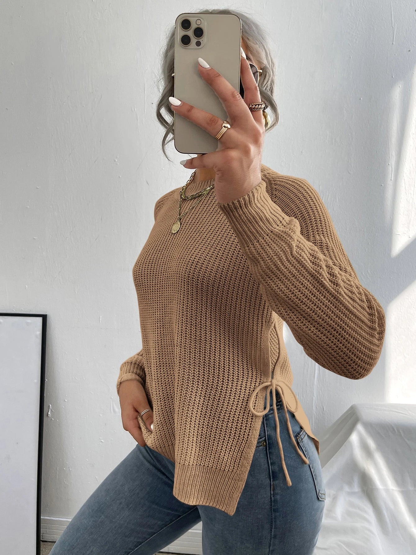 SHEIN EMERY ROSE Split Knot Side Raglan Sleeve Sweater,Long Sleeve Tops Knit Pullover Fall Winter Outfit