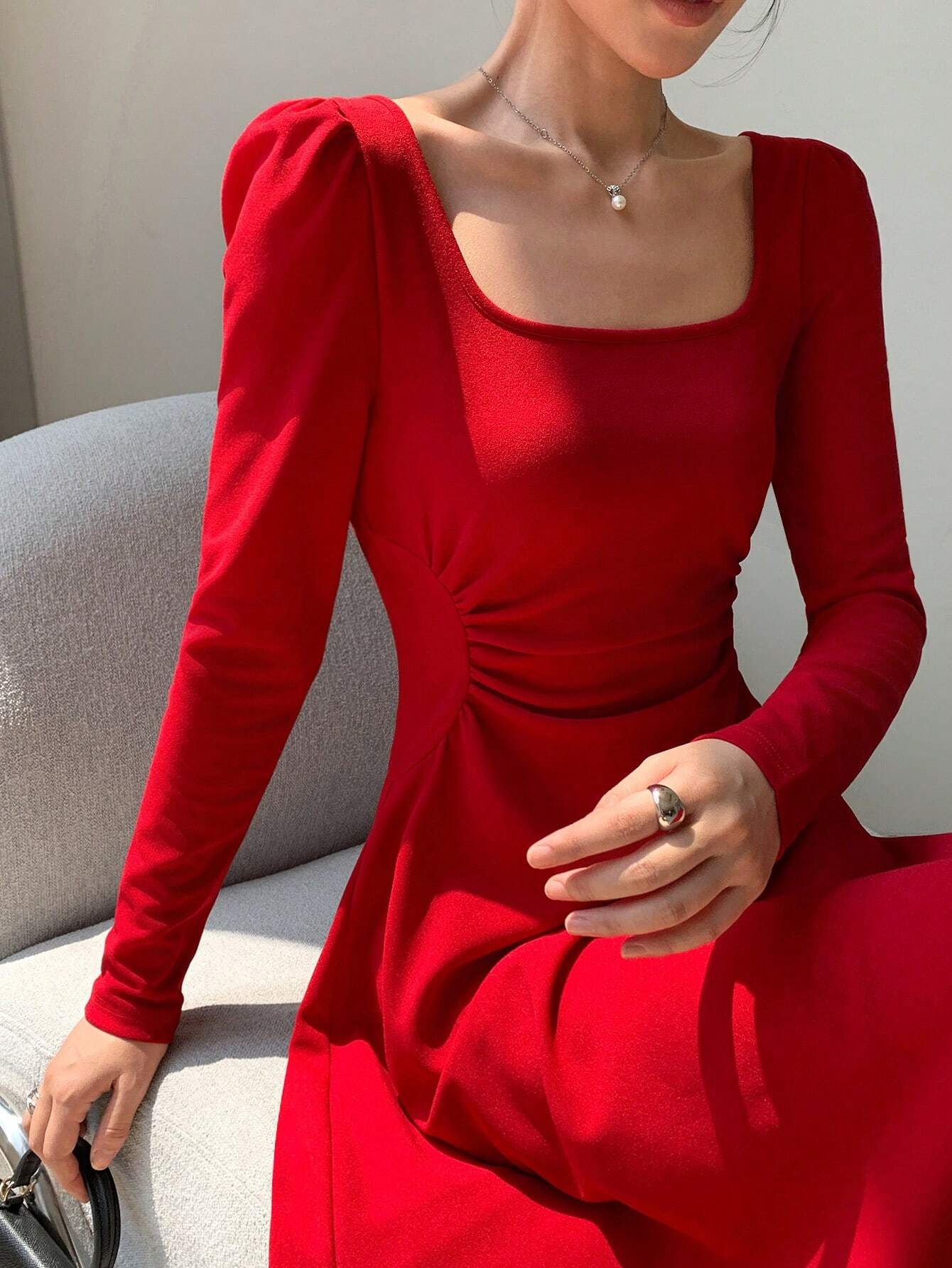  | SHEIN EastFlair Spring Korean Fashion Women's Red Holiday Party Ruched Waist Elegant Long Sleeve Long Dress,Party Season Dressing,Festive Dressing ﻿ | Dress | Shein | OneHub