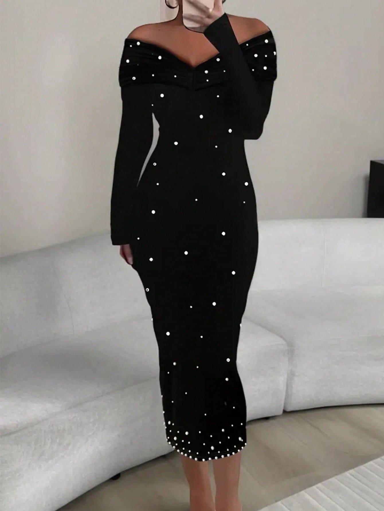  | SHEIN Elegant Pearl Embellished Off Shoulder Long Sleeve Pencil Dress Party Dress For Women | Dress | Shein | OneHub