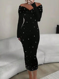  | SHEIN Elegant Pearl Embellished Off Shoulder Long Sleeve Pencil Dress Party Dress For Women | Dress | Shein | OneHub