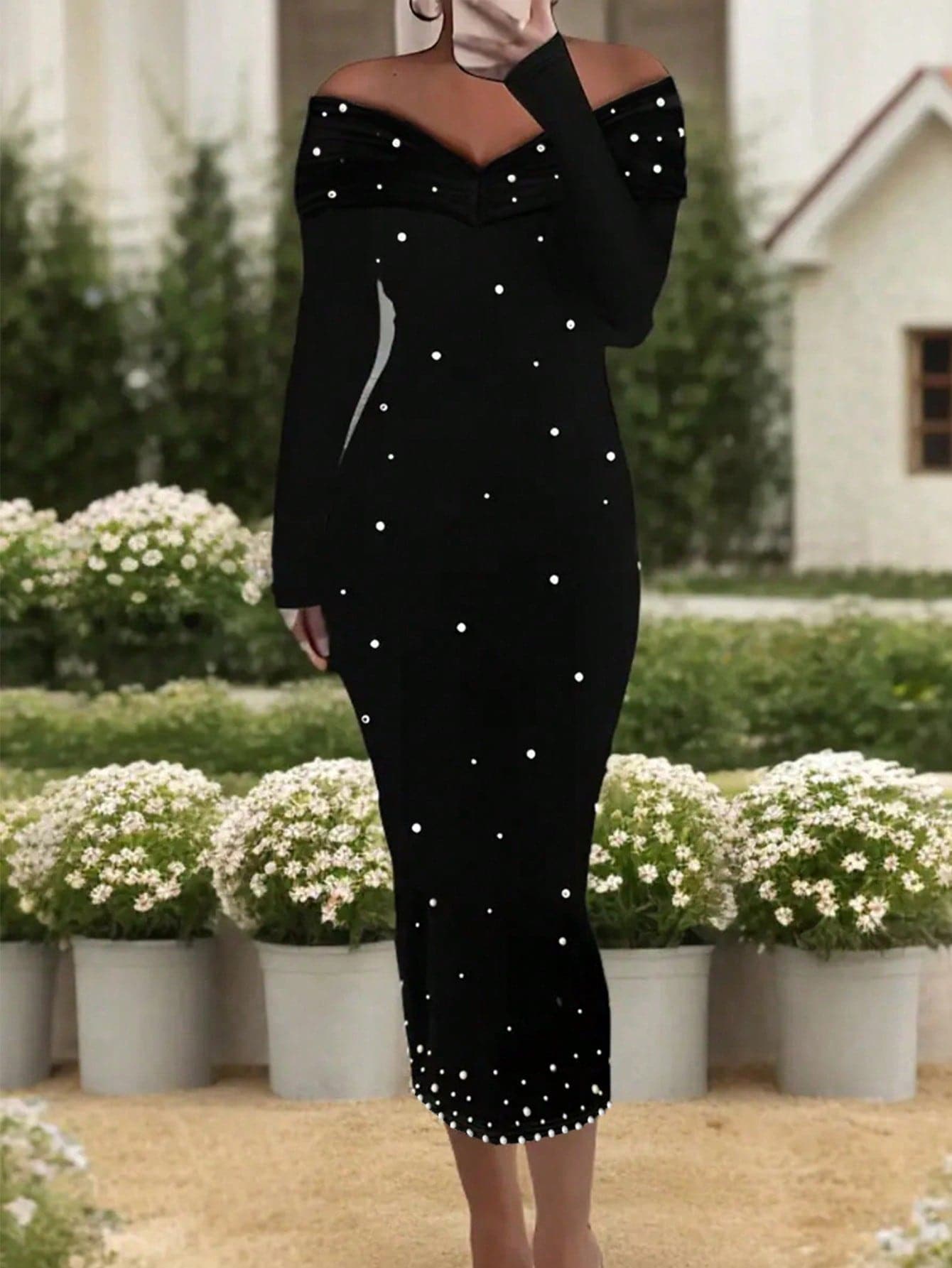  | SHEIN Elegant Pearl Embellished Off Shoulder Long Sleeve Pencil Dress Party Dress For Women | Dress | Shein | OneHub
