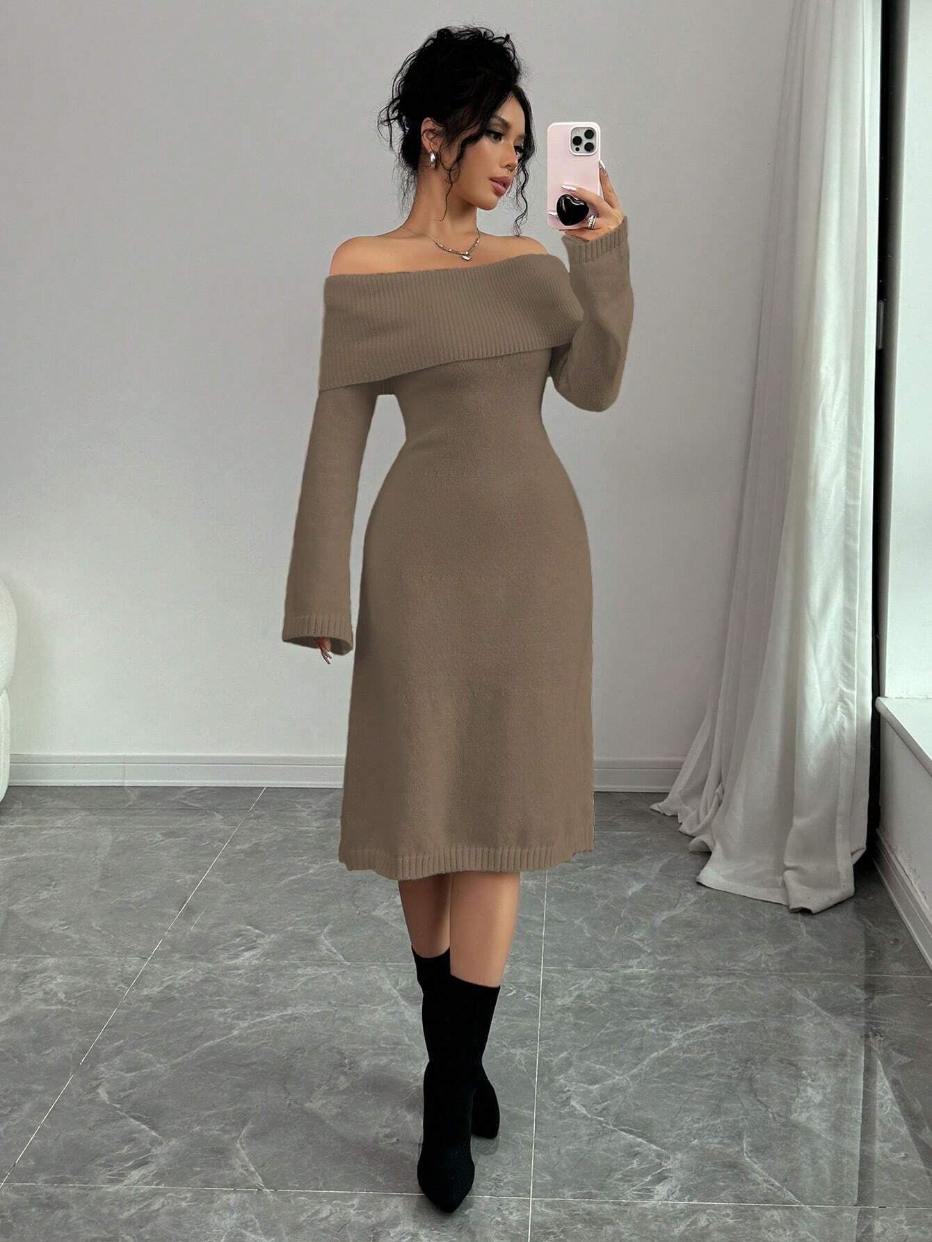 SHEIN Elenzga 1pc Off Shoulder Long Sleeve Knitted Warm A-Line Hem Beige Sweater Dress For Women, Autumn/Winter