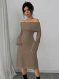 SHEIN Elenzga 1pc Off Shoulder Long Sleeve Knitted Warm A-Line Hem Beige Sweater Dress For Women, Autumn/Winter