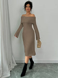 SHEIN Elenzga 1pc Off Shoulder Long Sleeve Knitted Warm A-Line Hem Beige Sweater Dress For Women, Autumn/Winter