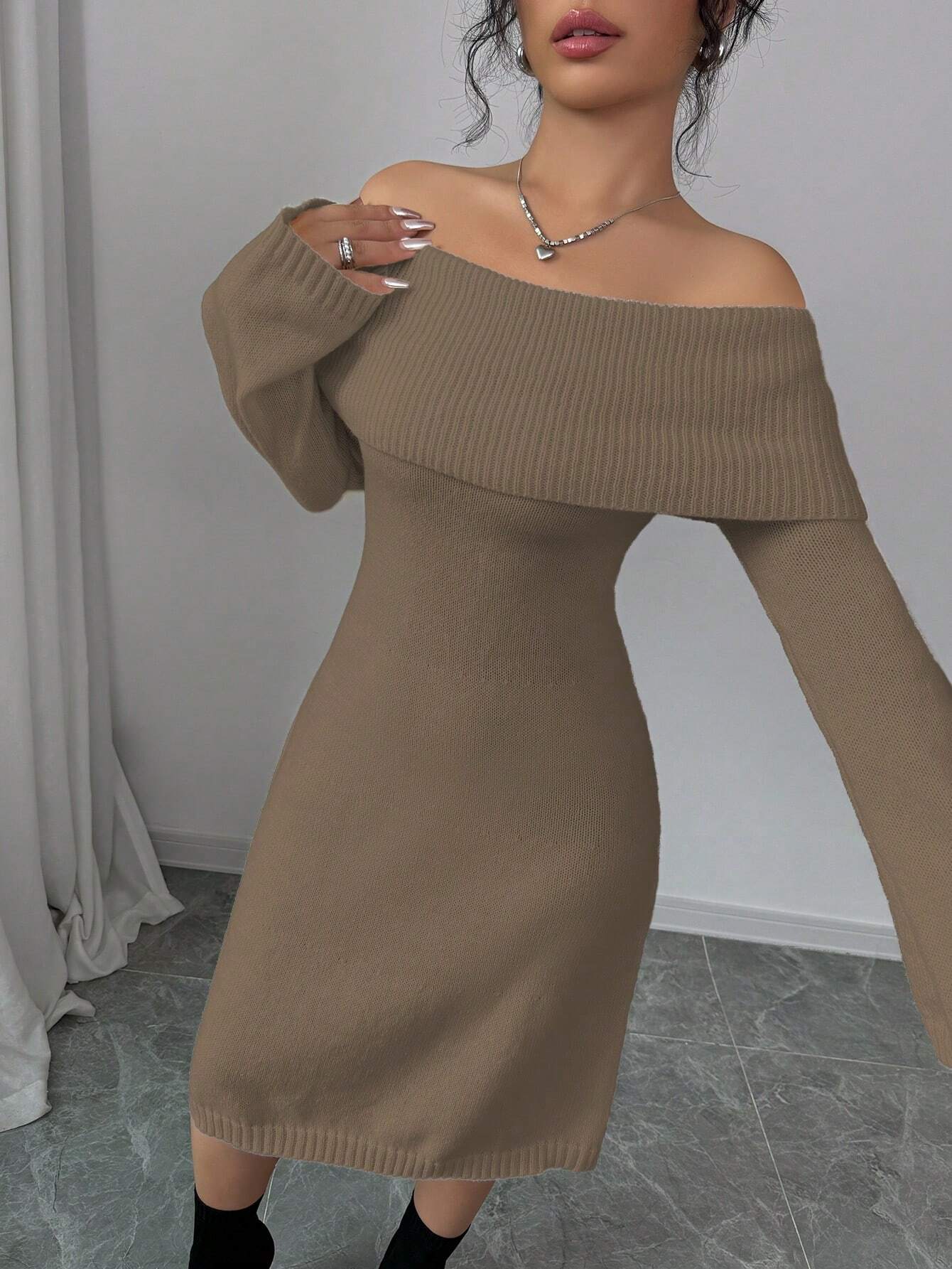 SHEIN Elenzga 1pc Off Shoulder Long Sleeve Knitted Warm A-Line Hem Beige Sweater Dress For Women, Autumn/Winter