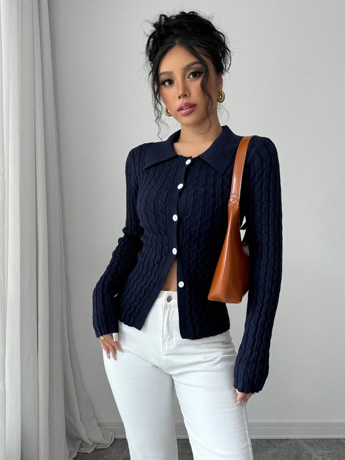  | SHEIN Elenzga Casual Solid Color Cable Knit Fitted Cardigan, Autumn/Winter | Top | Shein | OneHub