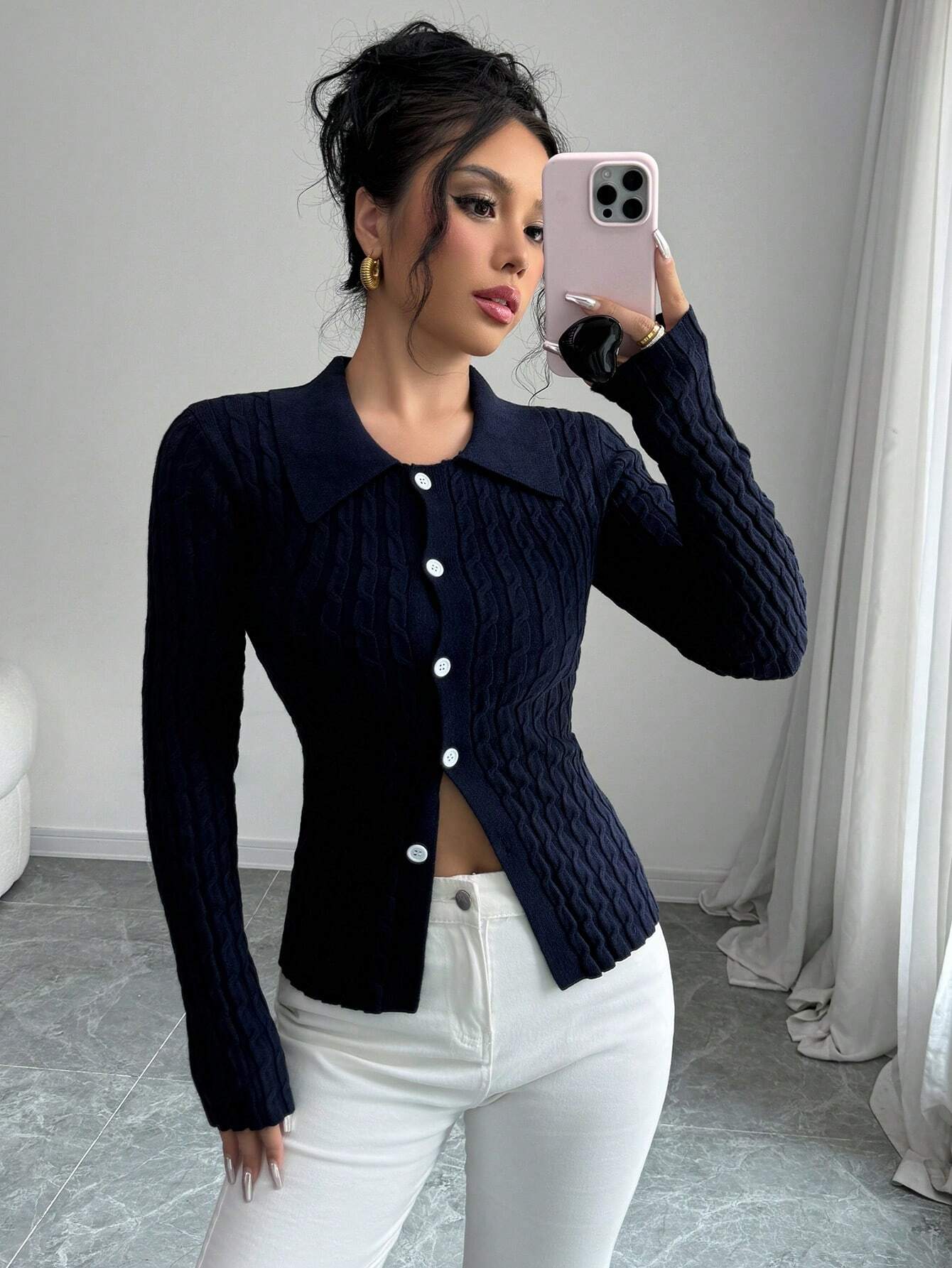  | SHEIN Elenzga Casual Solid Color Cable Knit Fitted Cardigan, Autumn/Winter | Top | Shein | OneHub