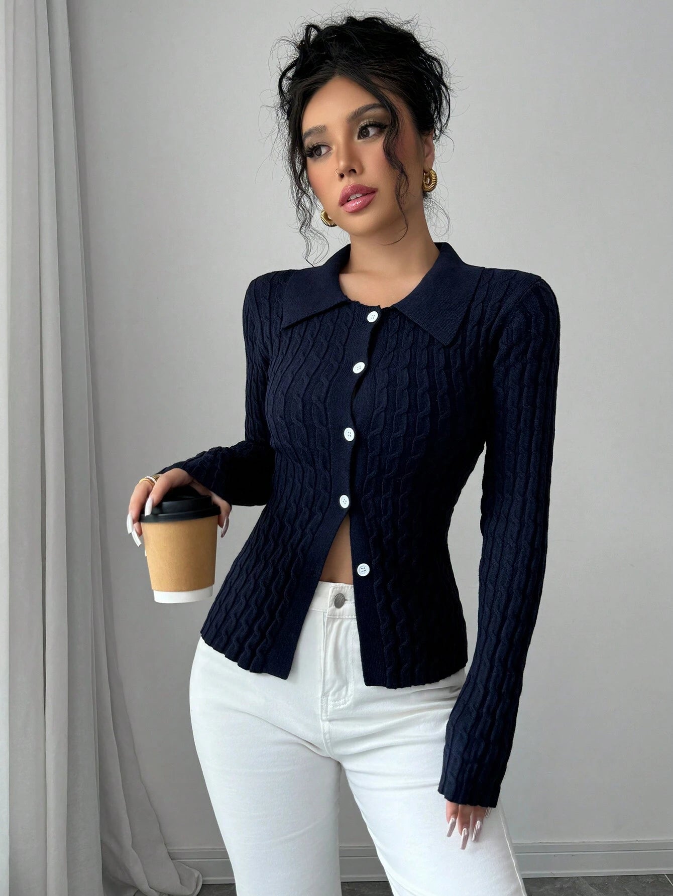  | SHEIN Elenzga Casual Solid Color Cable Knit Fitted Cardigan, Autumn/Winter | Top | Shein | OneHub