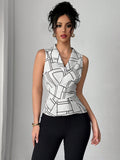 SHEIN Elenzga Elegant Geometric Print Collared, Ruched Sleeveless Blouse