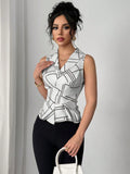 SHEIN Elenzga Elegant Geometric Print Collared, Ruched Sleeveless Blouse