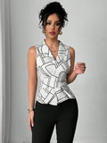 SHEIN Elenzga Elegant Geometric Print Collared, Ruched Sleeveless Blouse