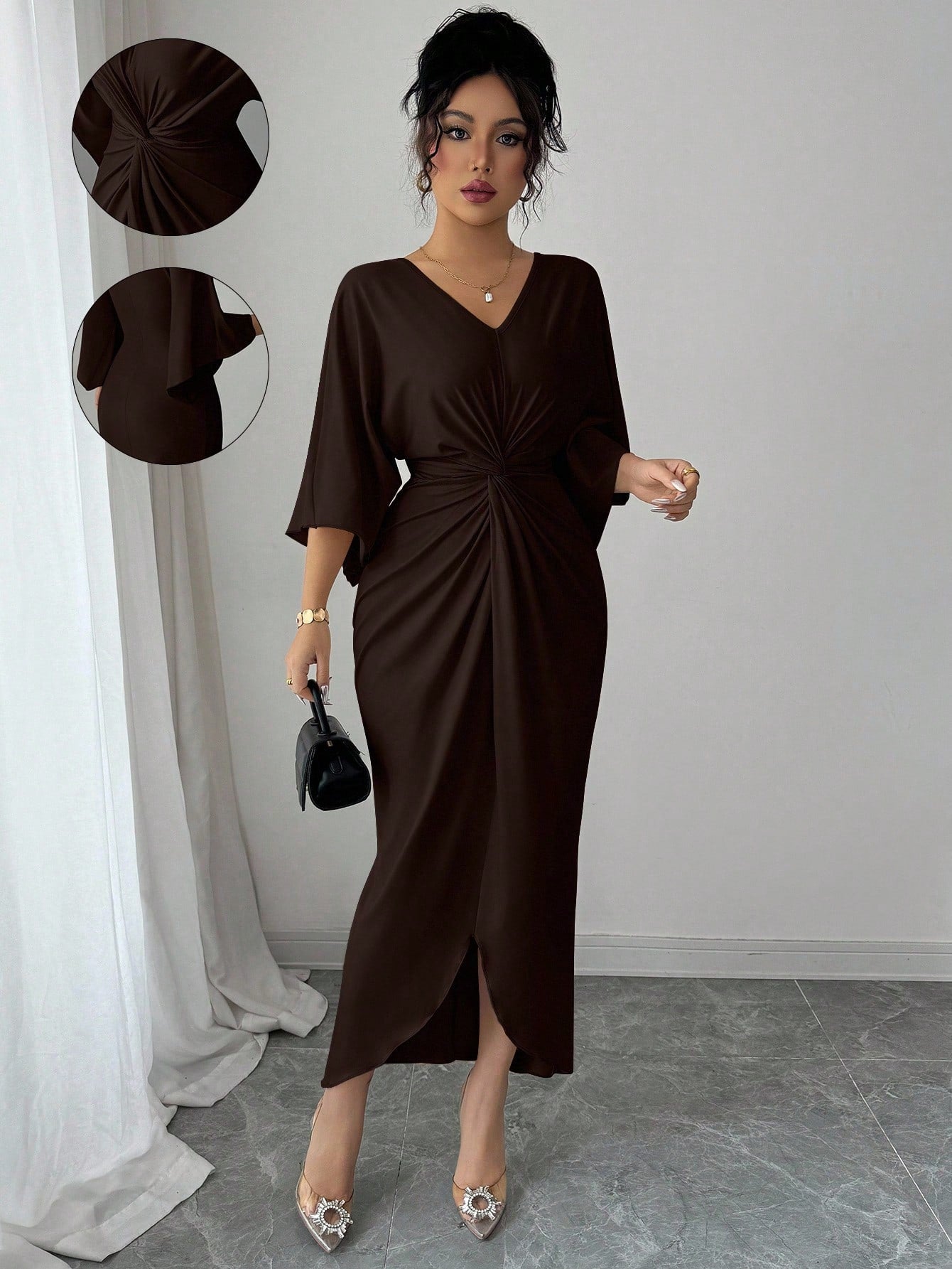 SHEIN Elenzga Elegant Knitted High Elasticity Batwing Sleeve V-Neck Twist Design Women's Mid-Length Dress