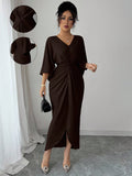 SHEIN Elenzga Elegant Knitted High Elasticity Batwing Sleeve V-Neck Twist Design Women's Mid-Length Dress