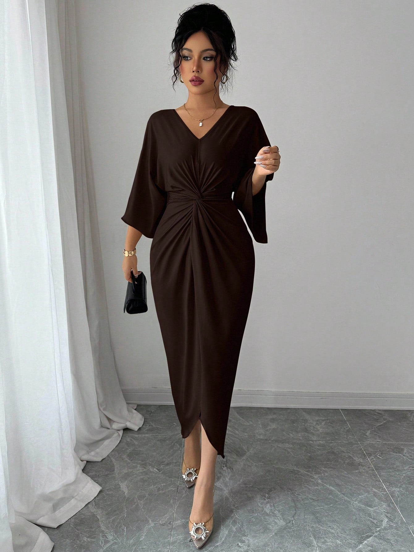 SHEIN Elenzga Elegant Knitted High Elasticity Batwing Sleeve V-Neck Twist Design Women's Mid-Length Dress