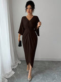 SHEIN Elenzga Elegant Knitted High Elasticity Batwing Sleeve V-Neck Twist Design Women's Mid-Length Dress