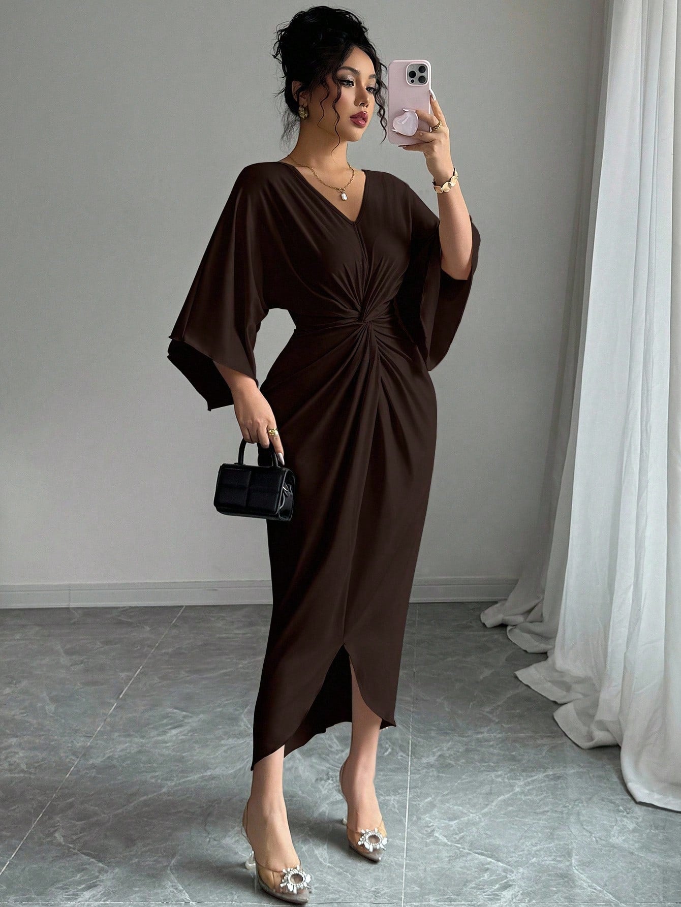 SHEIN Elenzga Elegant Knitted High Elasticity Batwing Sleeve V-Neck Twist Design Women's Mid-Length Dress