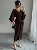 SHEIN Elenzga Elegant Knitted High Elasticity Batwing Sleeve V-Neck Twist Design Women's Mid-Length Dress