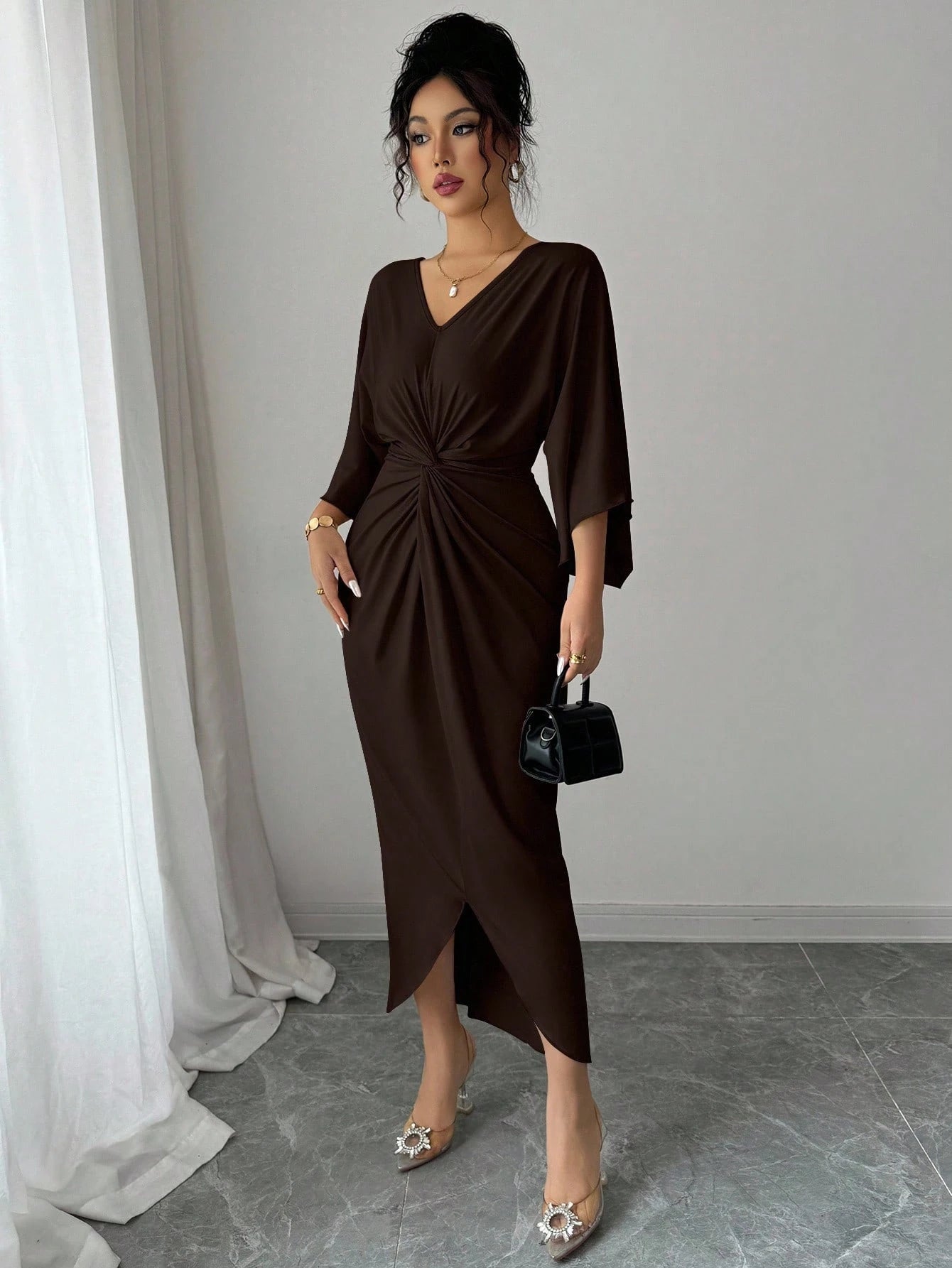 SHEIN Elenzga Elegant Knitted High Elasticity Batwing Sleeve V-Neck Twist Design Women's Mid-Length Dress
