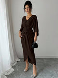 SHEIN Elenzga Elegant Knitted High Elasticity Batwing Sleeve V-Neck Twist Design Women's Mid-Length Dress