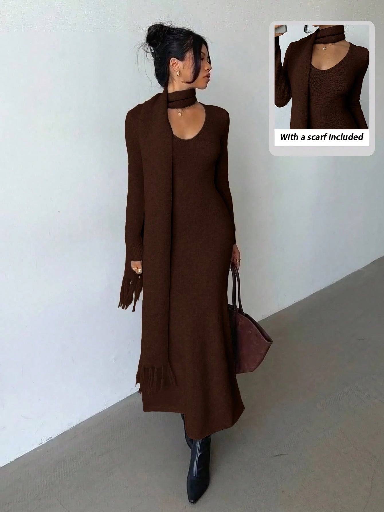 SHEIN Elenzga Elegant Light Apricot V-Neck Simple Comfortable Vintage Style Knitted Dress With Tassel Scarf, Suitable For Commuting And Outings In Autumn/Winter