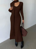 SHEIN Elenzga Elegant Light Apricot V-Neck Simple Comfortable Vintage Style Knitted Dress With Tassel Scarf, Suitable For Commuting And Outings In Autumn/Winter