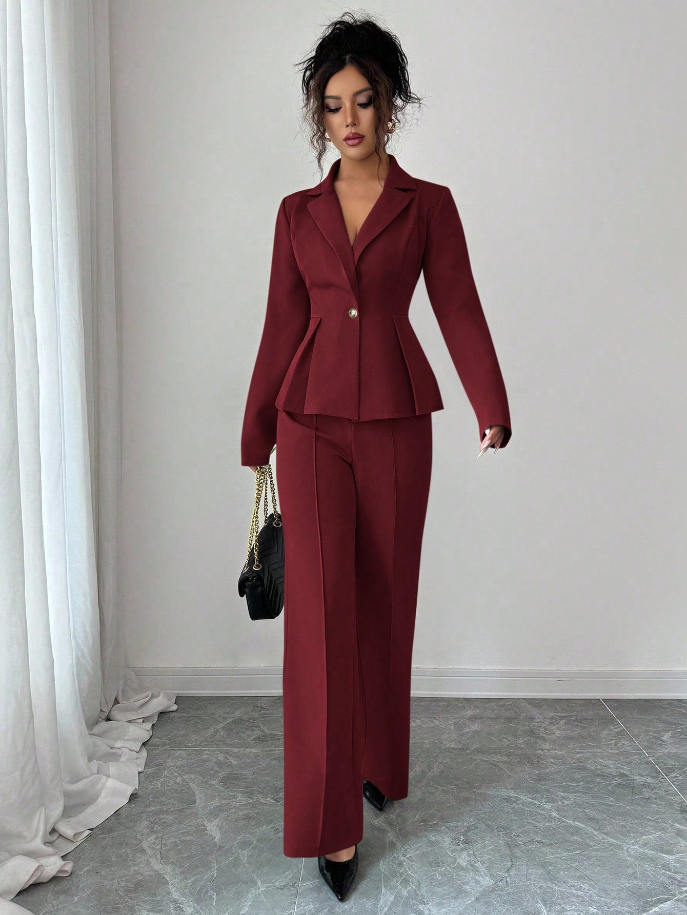 SHEIN Elenzga Elegant Waist Cinched Suit, Fashionable Commuter Flared Slim Pants, Holiday/Date Outfit, Independence Day, Women's Teacher Attire
