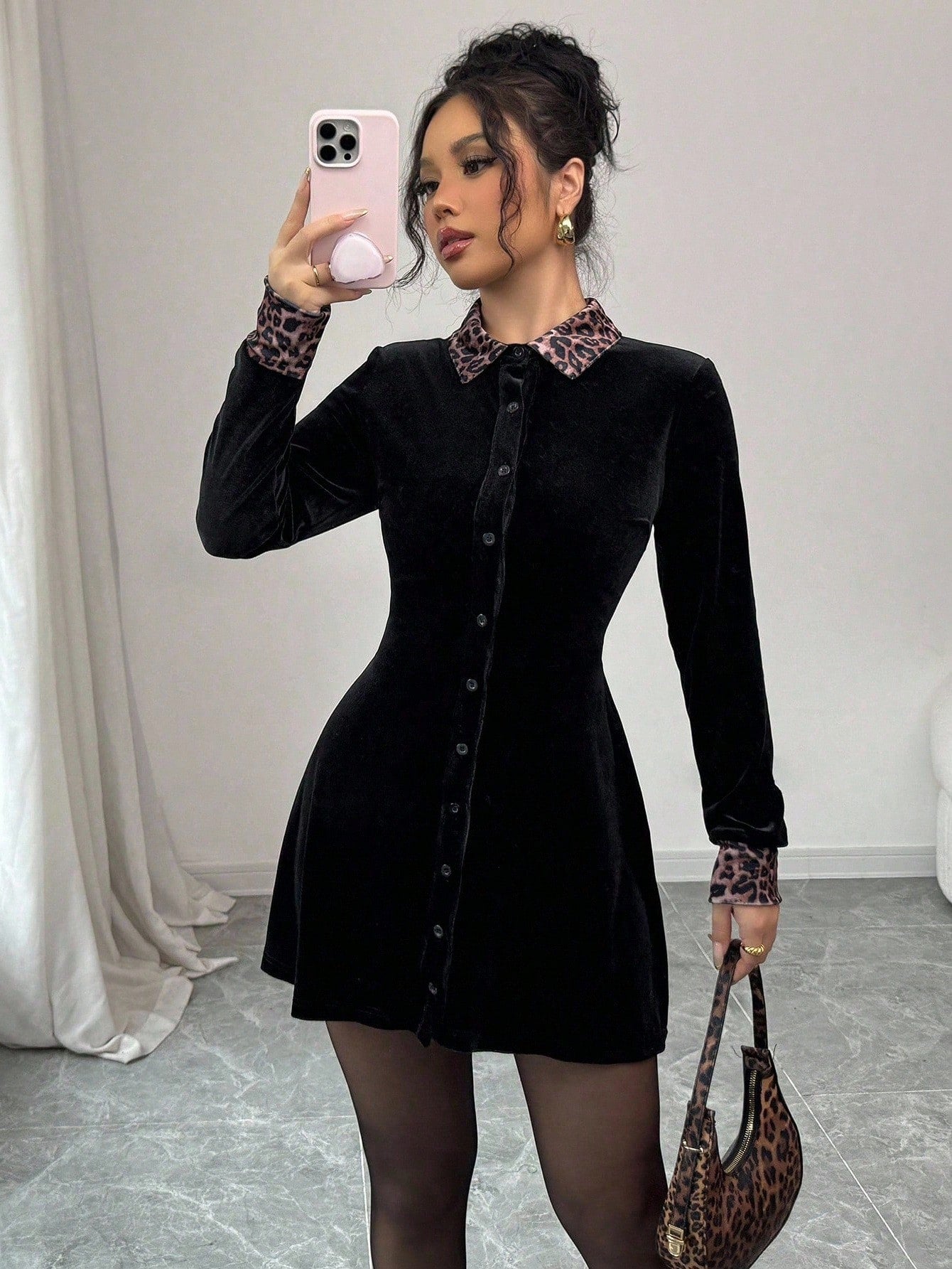 SHEIN Elenzga Leopard Velvet Black Elegant Romantic Minimalist Loose Fit Dress For Women Fall Cloth For Women