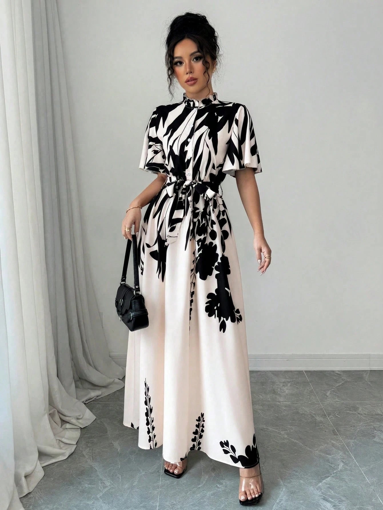  | SHEIN Elenzga Women Apricot Printed Cap Sleeve Ruffle Trim Tie-Waist Vacation Style Round Neck Casual Dress | Dress | Shein | OneHub