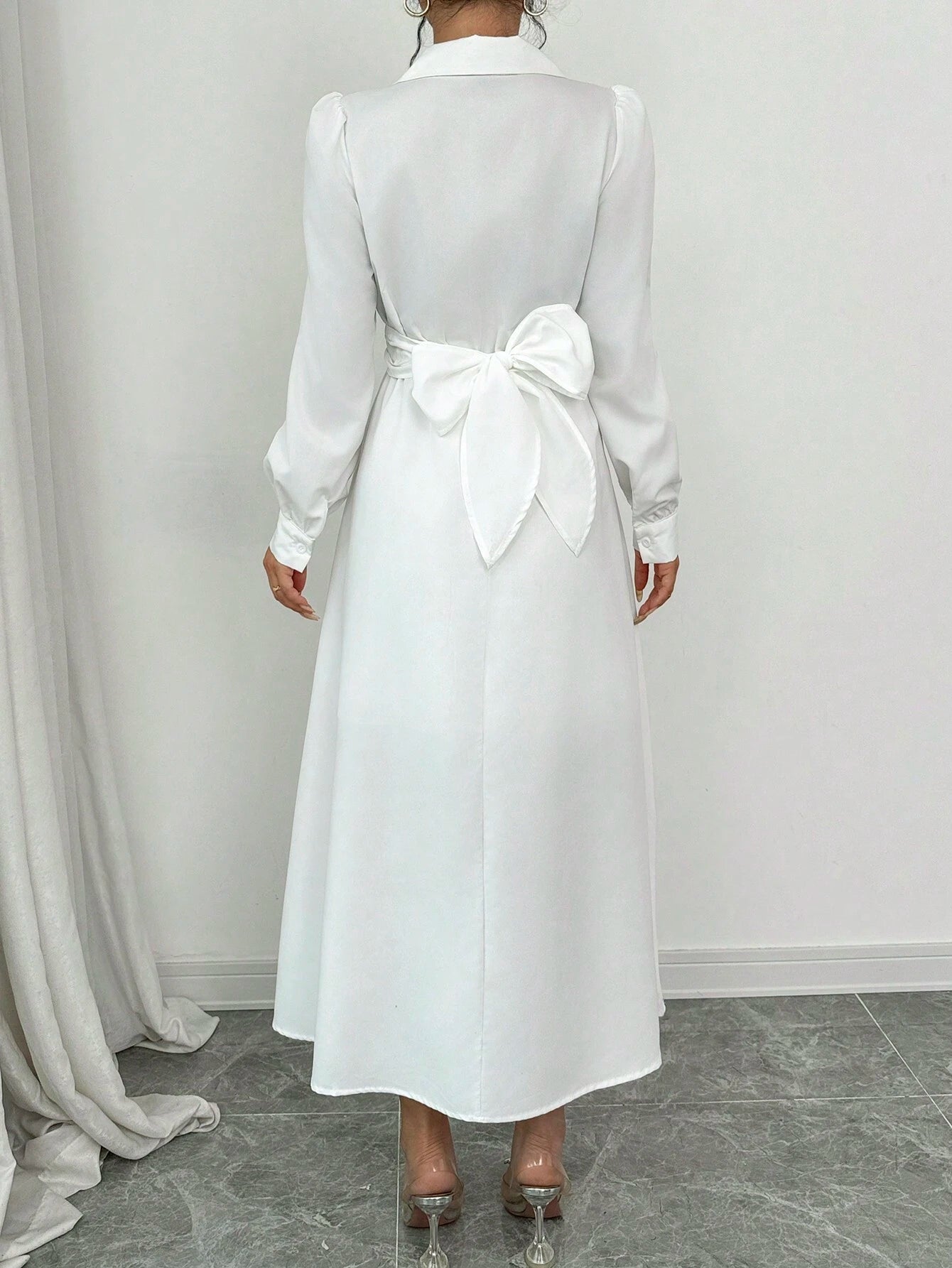 SHEIN Elenzga Women Elegant Commuting Casual Long Sleeve Lapel Bow Tie Belt Solid Color Dress Maxi Women Outfit Fall Cloth For Women