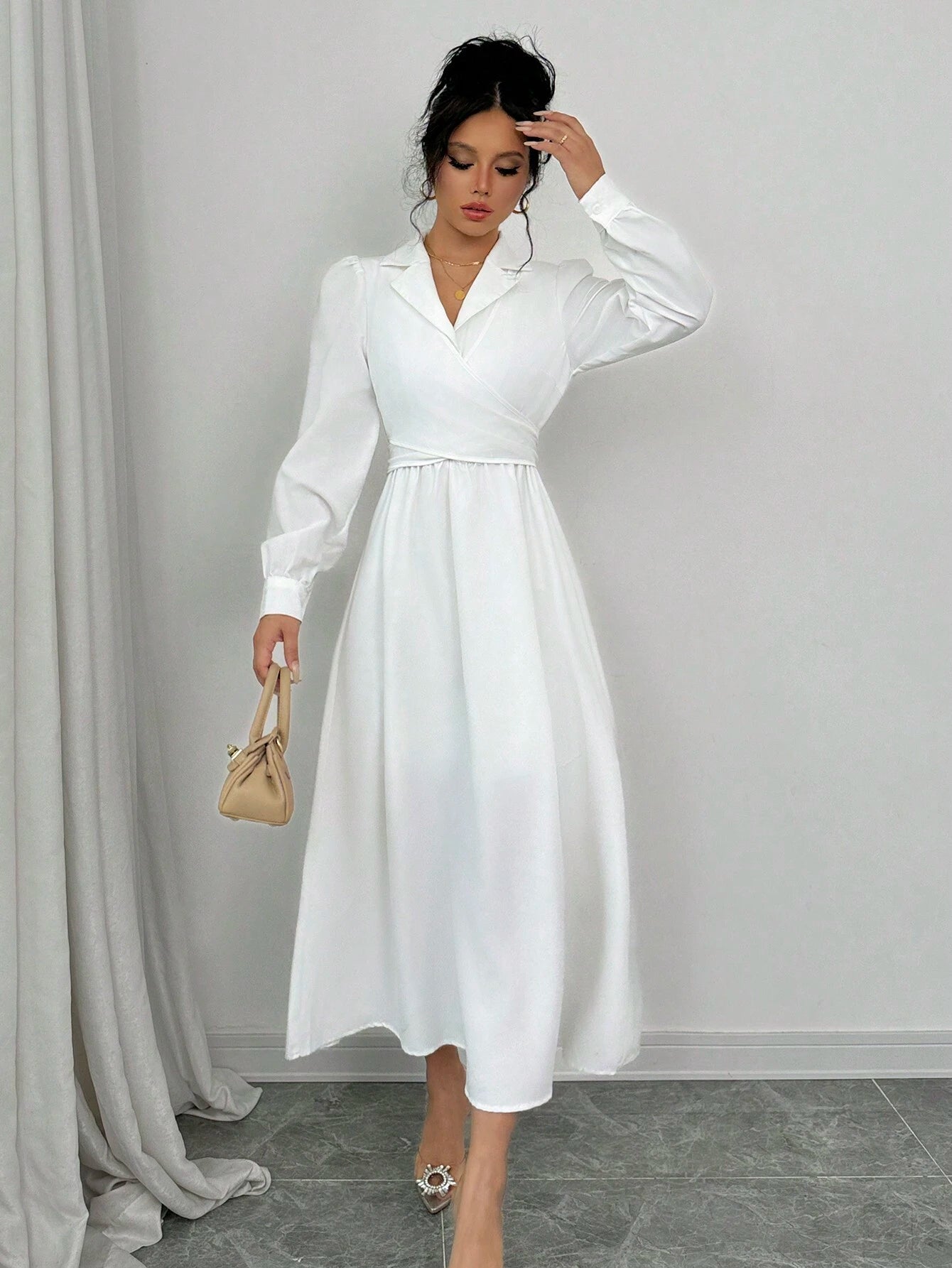 SHEIN Elenzga Women Elegant Commuting Casual Long Sleeve Lapel Bow Tie Belt Solid Color Dress Maxi Women Outfit Fall Cloth For Women