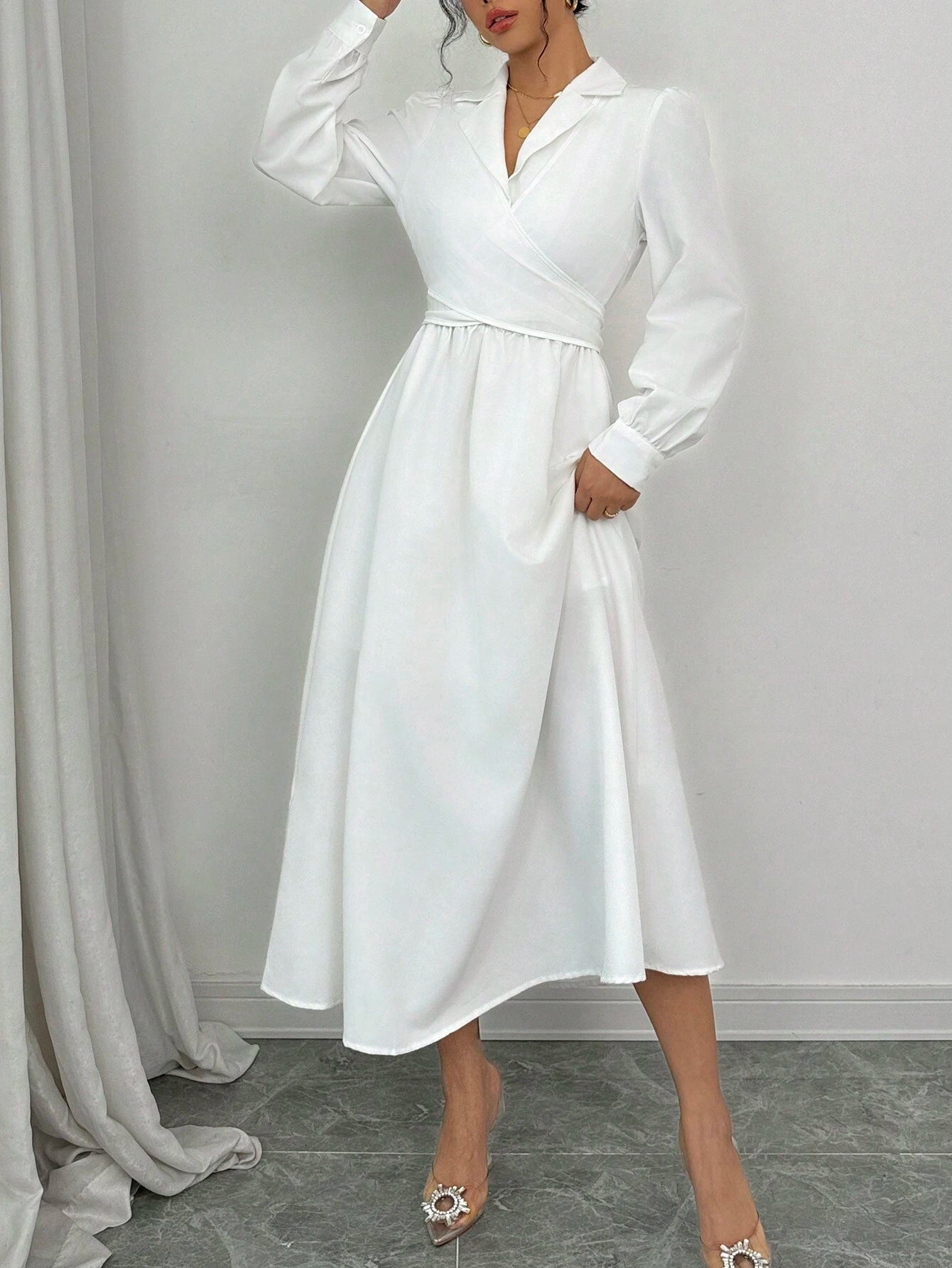 SHEIN Elenzga Women Elegant Commuting Casual Long Sleeve Lapel Bow Tie Belt Solid Color Dress Maxi Women Outfit Fall Cloth For Women