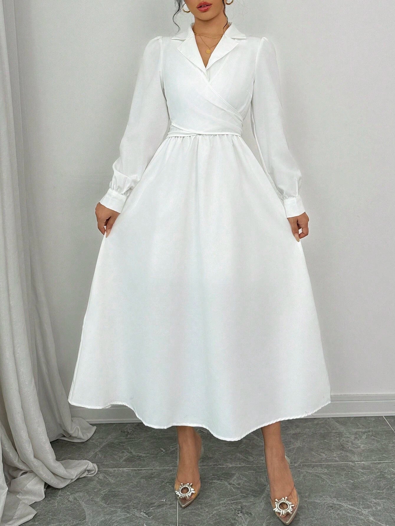 SHEIN Elenzga Women Elegant Commuting Casual Long Sleeve Lapel Bow Tie Belt Solid Color Dress Maxi Women Outfit Fall Cloth For Women