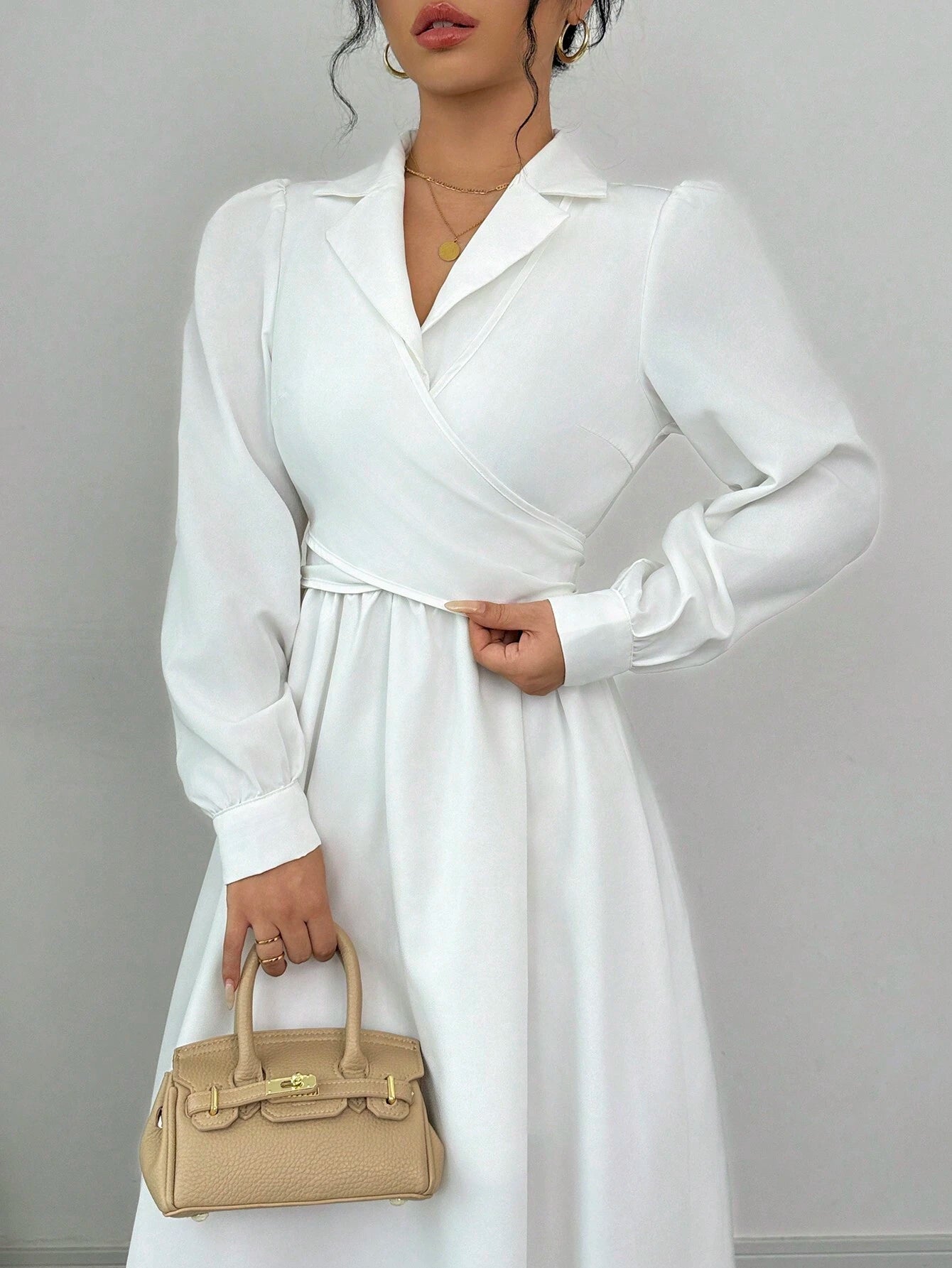 SHEIN Elenzga Women Elegant Commuting Casual Long Sleeve Lapel Bow Tie Belt Solid Color Dress Maxi Women Outfit Fall Cloth For Women