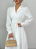 SHEIN Elenzga Women Elegant Commuting Casual Long Sleeve Lapel Bow Tie Belt Solid Color Dress Maxi Women Outfit Fall Cloth For Women