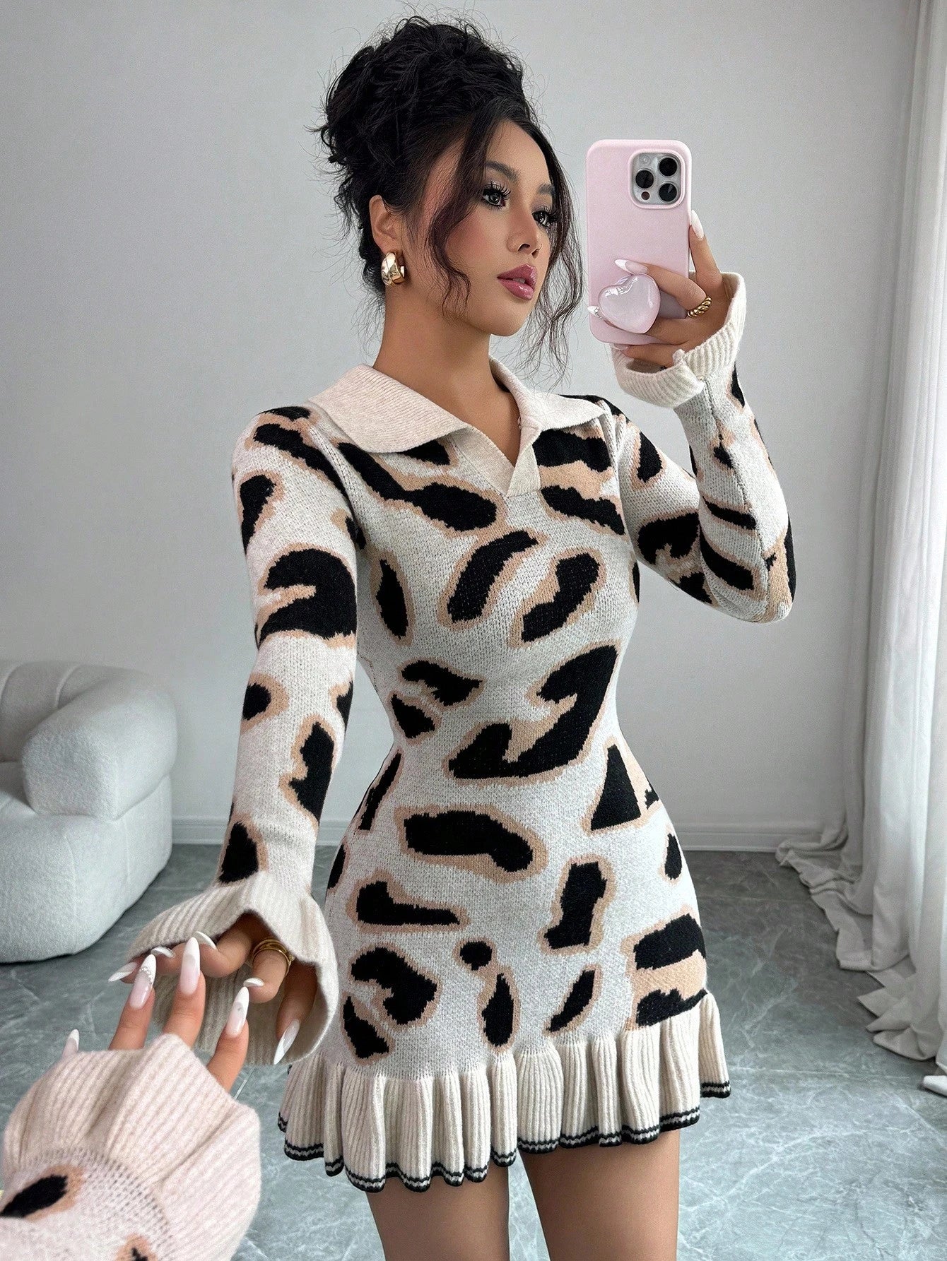 SHEIN Elenzga Women's Autumn/Winter Fashion Leopard Print Knit Ruffle Hem Bodycon Design Sweater Dress Fall Cloth For Women