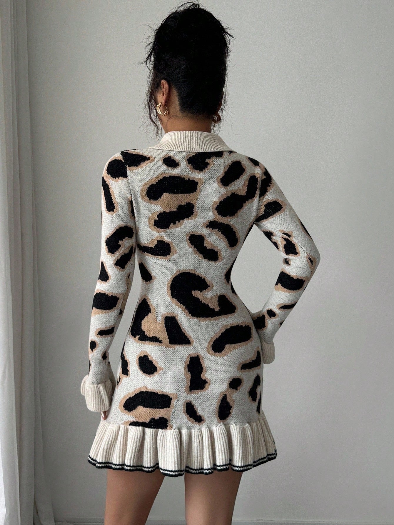 SHEIN Elenzga Women's Autumn/Winter Fashion Leopard Print Knit Ruffle Hem Bodycon Design Sweater Dress Fall Cloth For Women