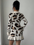 SHEIN Elenzga Women's Autumn/Winter Fashion Leopard Print Knit Ruffle Hem Bodycon Design Sweater Dress Fall Cloth For Women