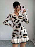 SHEIN Elenzga Women's Autumn/Winter Fashion Leopard Print Knit Ruffle Hem Bodycon Design Sweater Dress Fall Cloth For Women