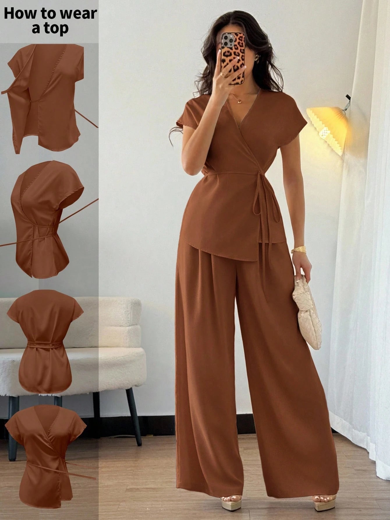  | SHEIN Elenzga Women's Bohemian Elegant Wrap-Style Batwing Sleeve Top & Wide Leg Loose Pants 2 Pieces Set Chiffon Suit For Outing | Top and Pant Set | Shein | OneHub