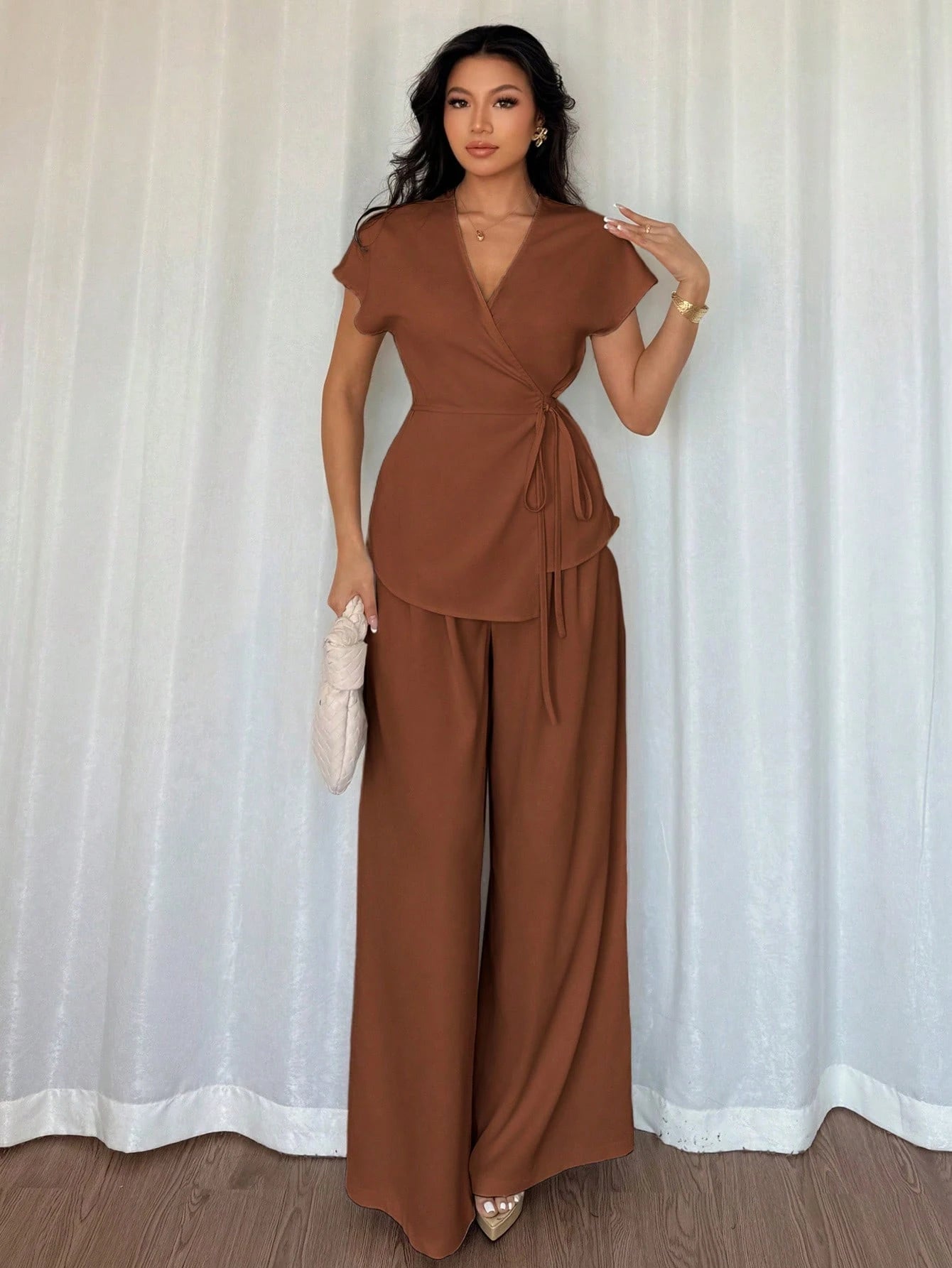  | SHEIN Elenzga Women's Bohemian Elegant Wrap-Style Batwing Sleeve Top & Wide Leg Loose Pants 2 Pieces Set Chiffon Suit For Outing | Top and Pant Set | Shein | OneHub